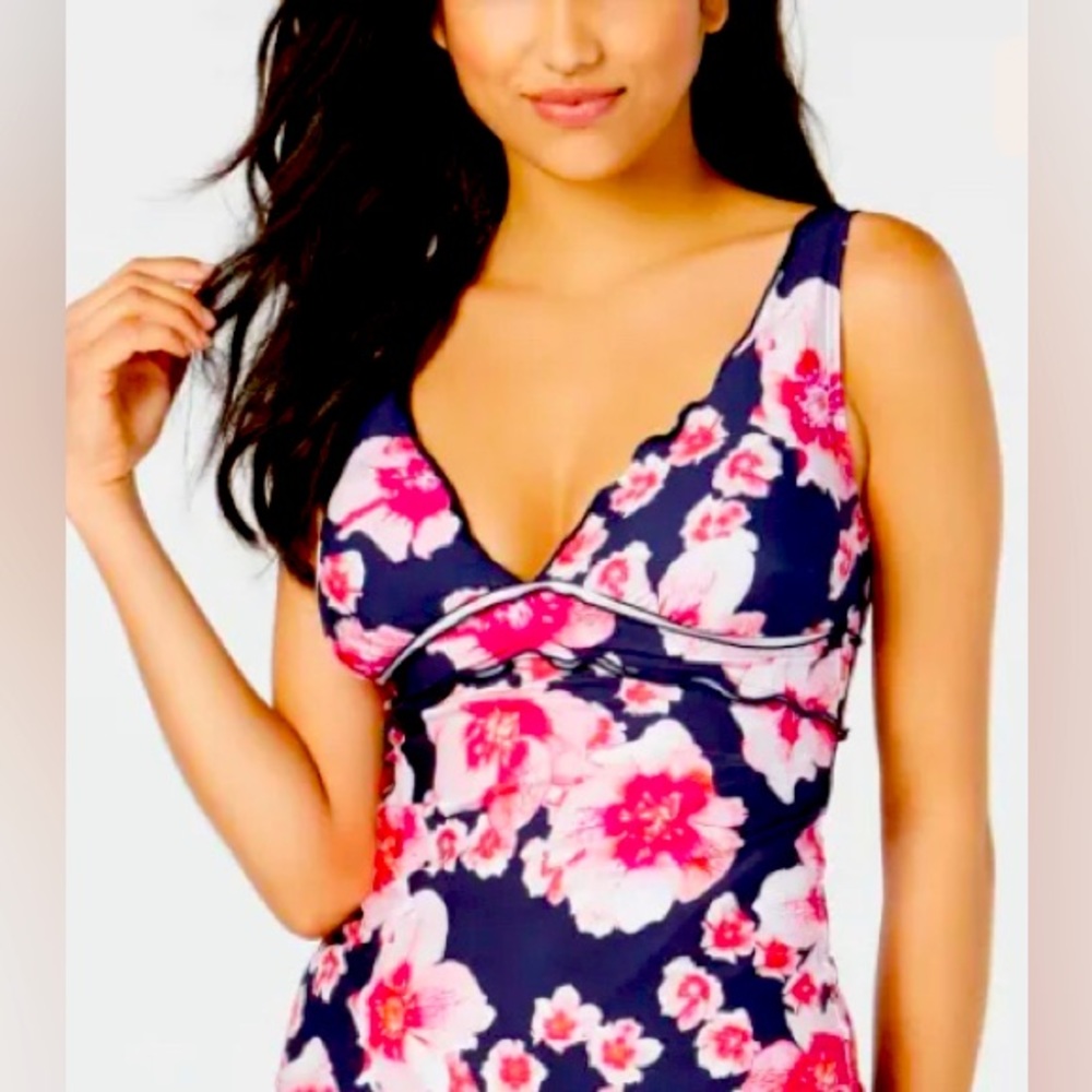 DKNY floral Print Pink Red White navy Scallop-Edge with mesh Tankini Top M EUC